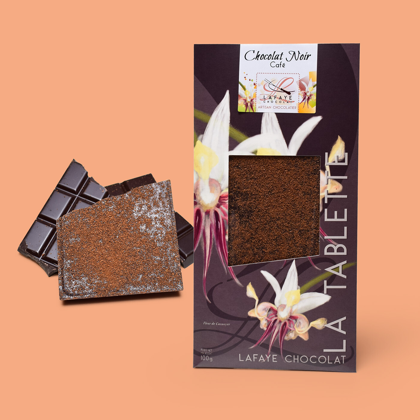 Tablette de Chocolat Noir 73% cacao minimum saupoudrée de café.