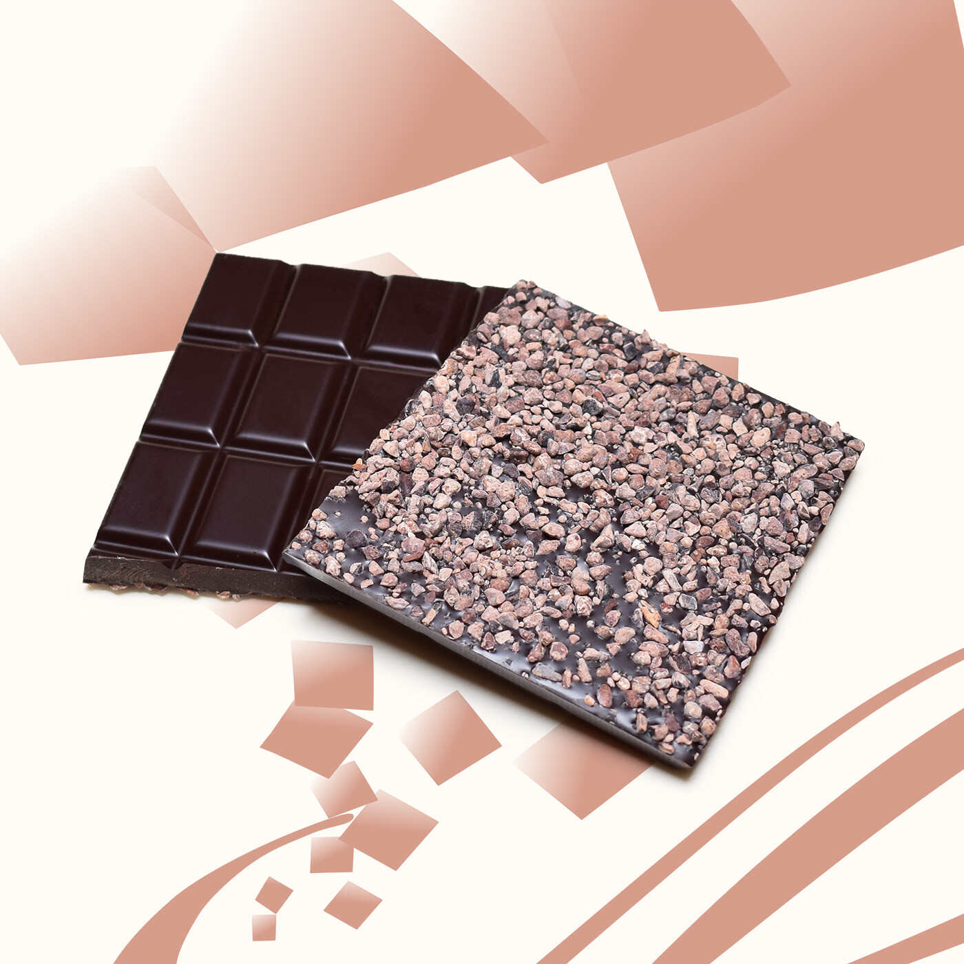 Tablette de Chocolat Noir 73% cacao minimum parsemée grué de cacao.