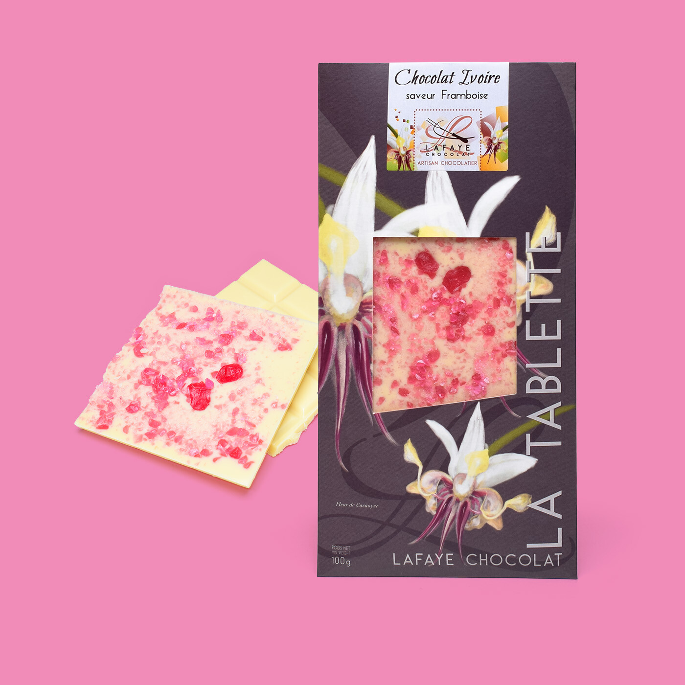 Tablette chocolat ivoire et bonbon à la framboise