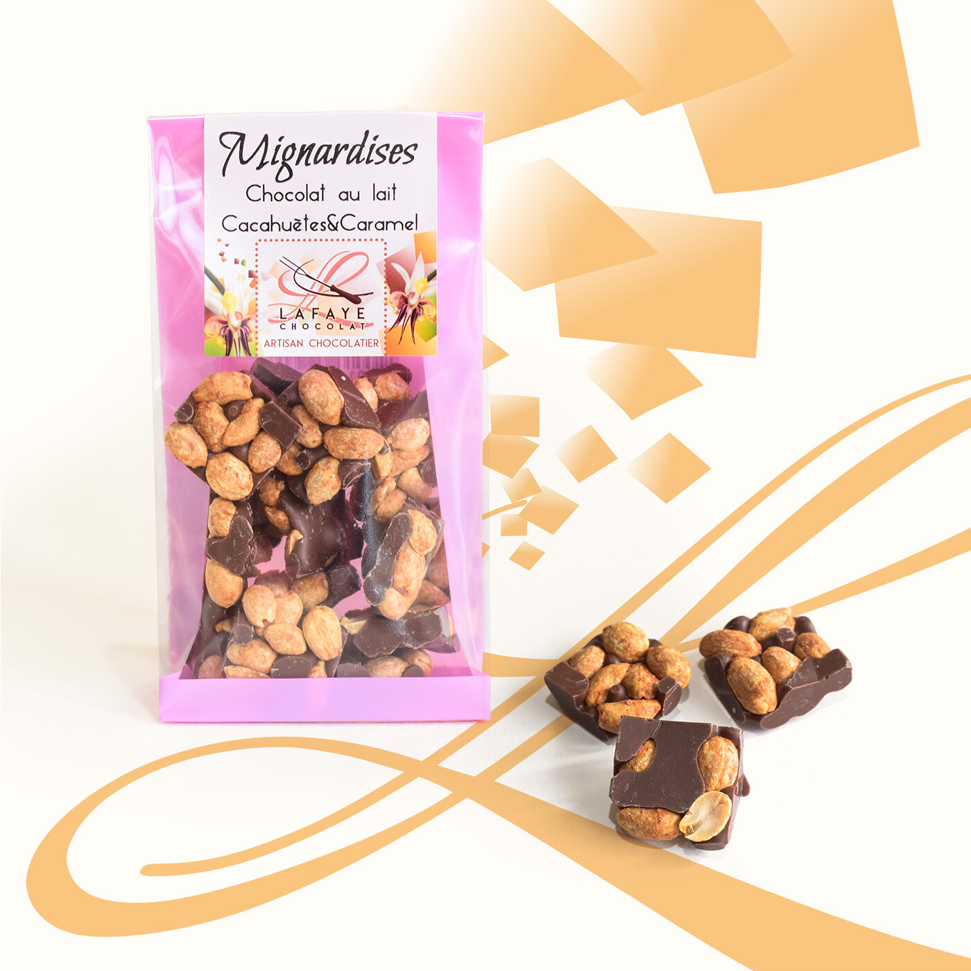 Mignardises chocolat au lait, cacahuètes et éclats de caramel au beurre salé