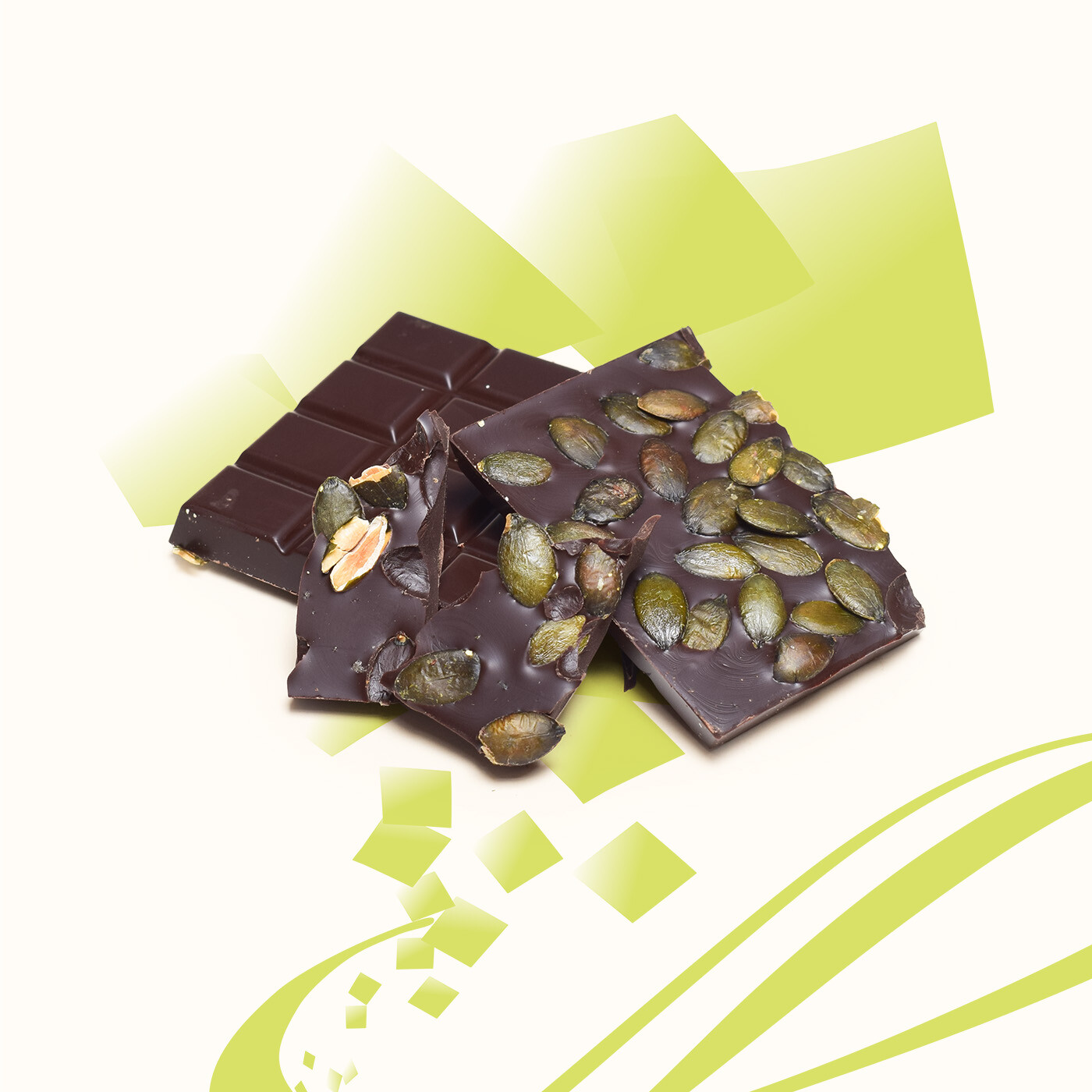 Tablette de chocolat noir parsemée de graines de courge torréfiées