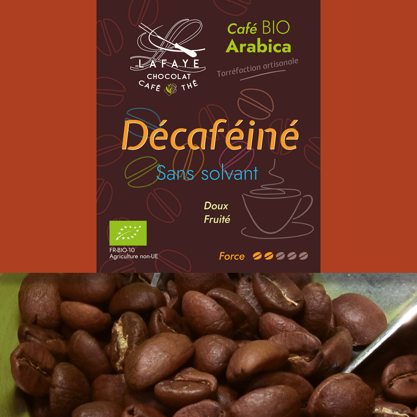 Café en grains décaféiné bio sans solvant vendu par Lafaye chocolat