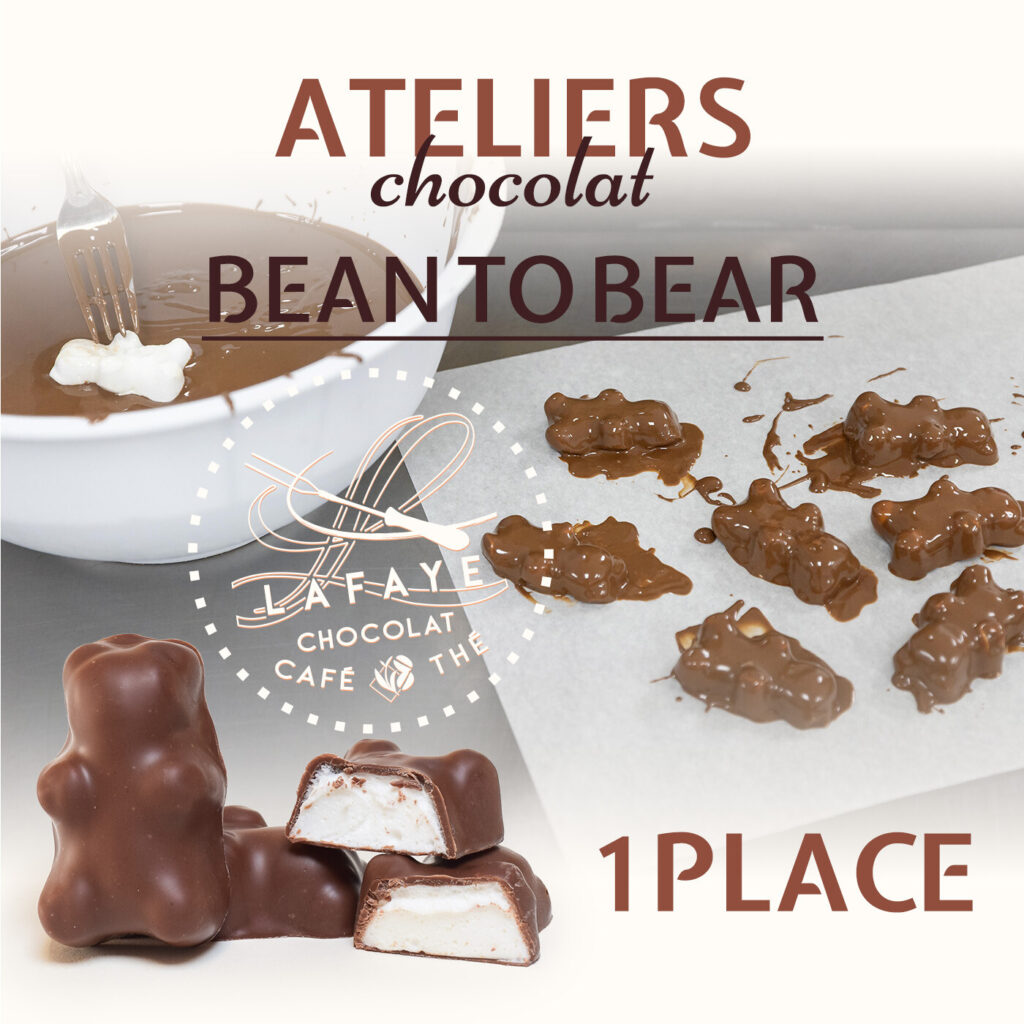 Atelier chocolat à Périgueux autour de l'ourson guimauve enrobé de chocolat à la chocolaterie Lafaye chocolat.