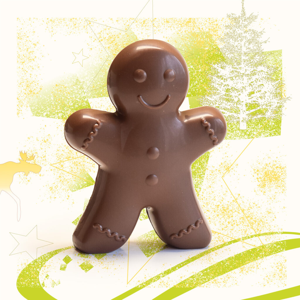Bonhomme pain d'épices en chocolat au lait, moulage de la maison Lafaye chocolat à Périgueux.