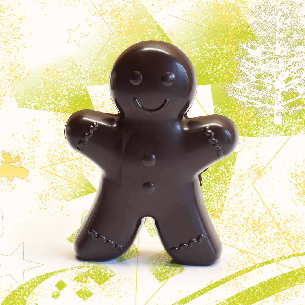 Bonhomme en chocolat noir, moulage en forme du célèbre bonhomme pain d'épices, vendu par la maison Lafaye chocolat à Périgueux.